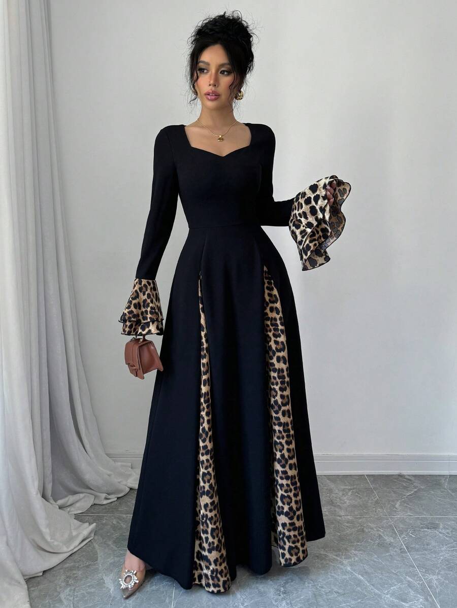 فستان نسائي طويل من Modelyn بطبعة جلد الفهد مع تصميم متباين وفتحة رقبة قلبية