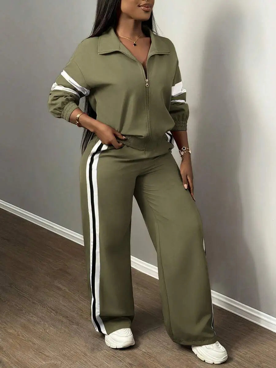 طقم نسائي جديد من Slaydiva، مكون من قطعتين، كاجوال ورياضي، وياقة واقفة، وسحاب، وأكمام طويلة، وكتف مكشوف، وبنطلون واسع الساق