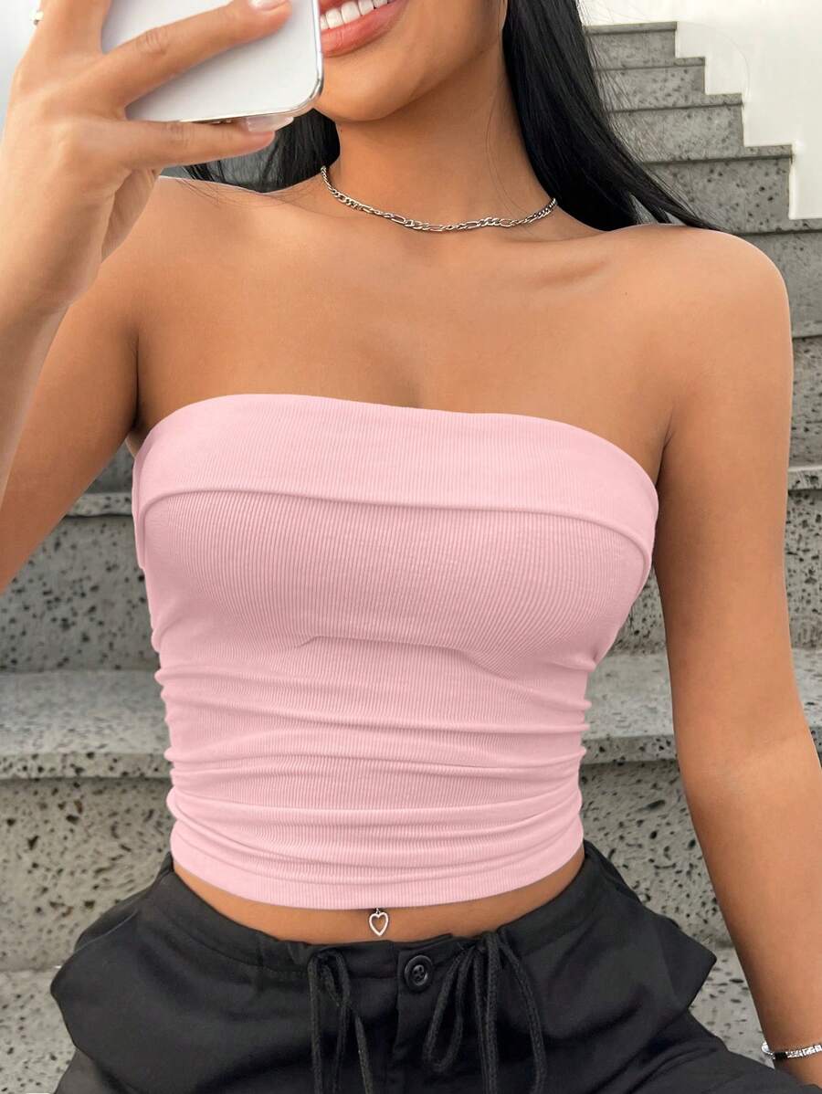 بلوزة نسائية من SHEIN EZwear محبوكة بدون درزات باللون الوردي الفاتح