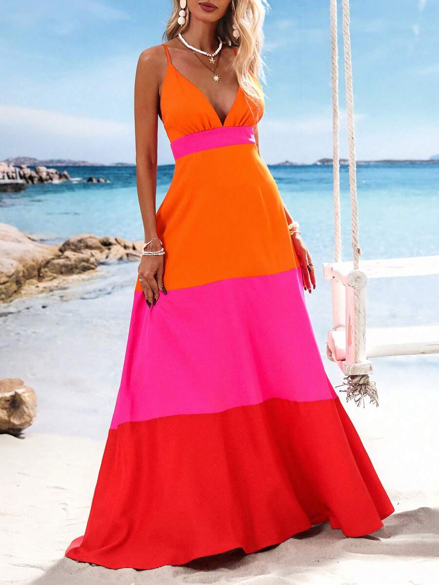 فستان نسائي طويل بتصميم V-Neck وألوان متدرجة من Vivid Eden