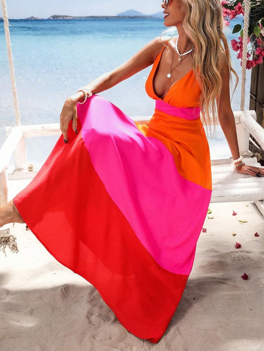 فستان نسائي طويل بتصميم V-Neck وألوان متدرجة من Vivid Eden