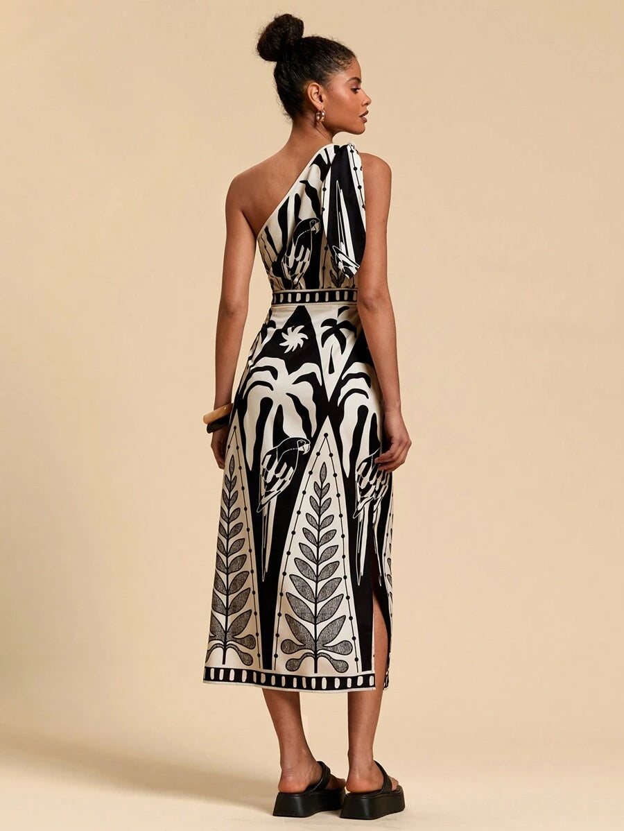 فستان Travachic نسائي طويل – كتف واحد، حزام رباط، بطبعة استوائية، تصميم فضفاض