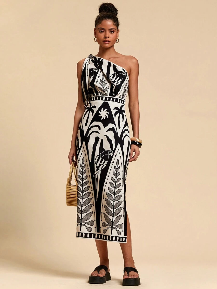 فستان Travachic نسائي طويل – كتف واحد، حزام رباط، بطبعة استوائية، تصميم فضفاض