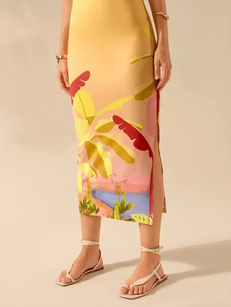 فستان نسائي من TrendsqualityCAJUNI بدون أكمام بظهر متقاطع مطبوع عليه نباتات استوائية