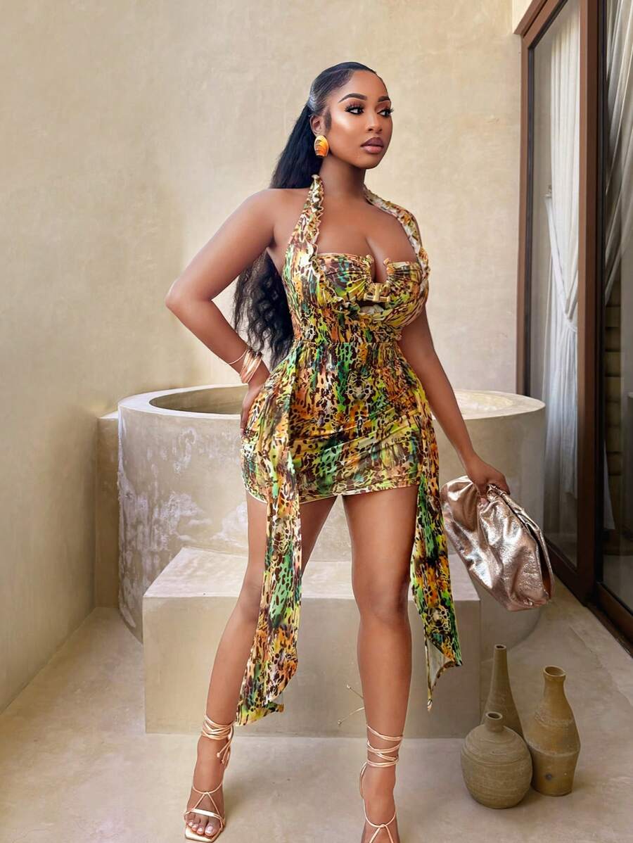 فستان BamGleam نسائي قصير بطبعة عطلة خضراء وحمالات حول الرقبة