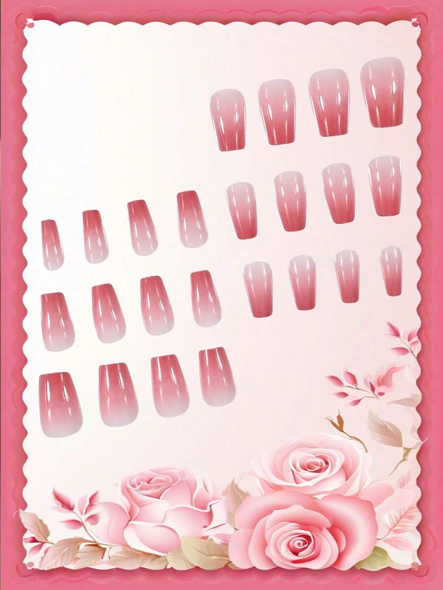 24pcs Medium Size Coffin Shaped False Nails With Peach Ombre Gradient Design, Includes 1pc Jelly Gel And 1pc Nail File