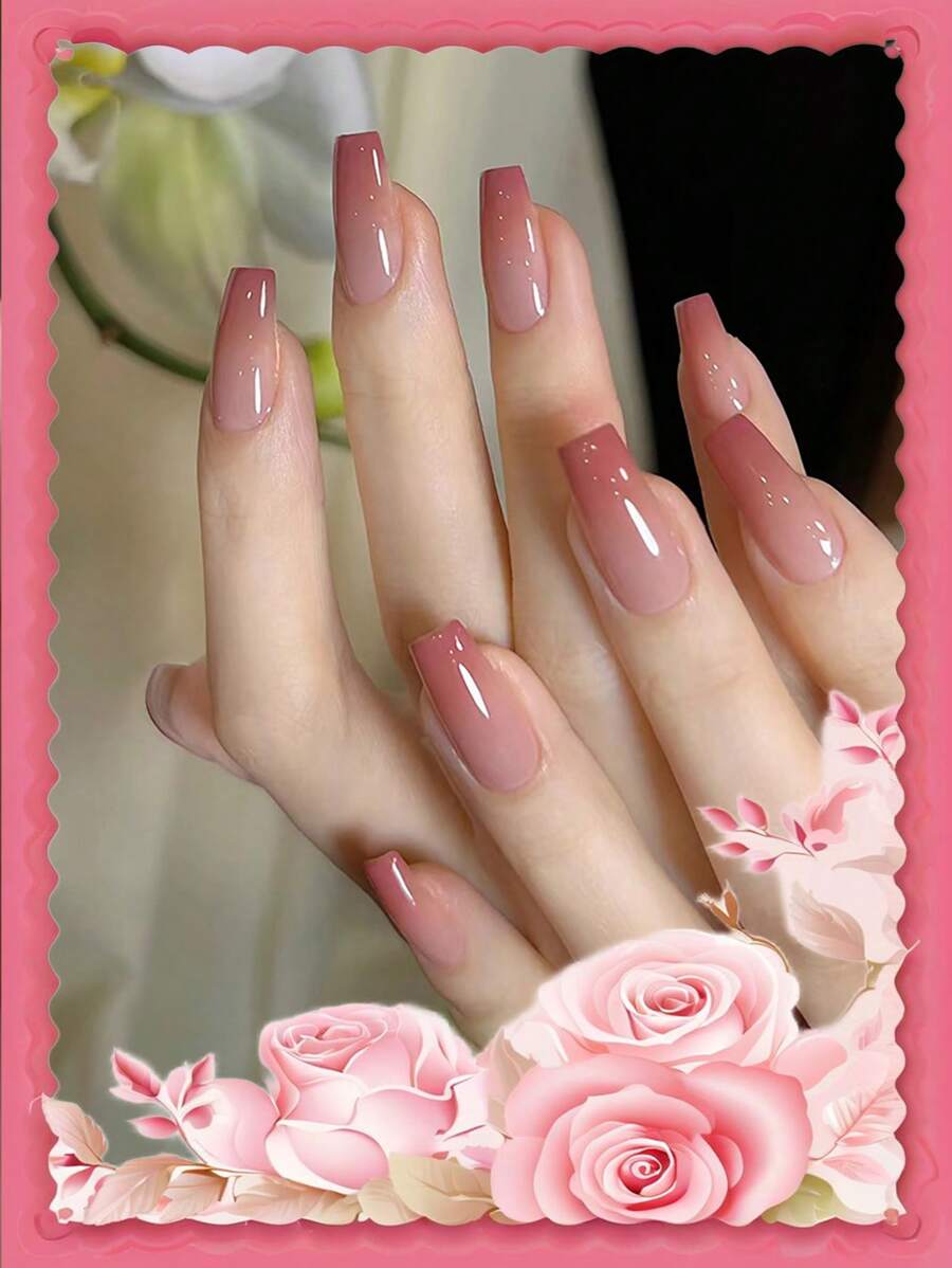 24pcs Medium Size Coffin Shaped False Nails With Peach Ombre Gradient Design, Includes 1pc Jelly Gel And 1pc Nail File