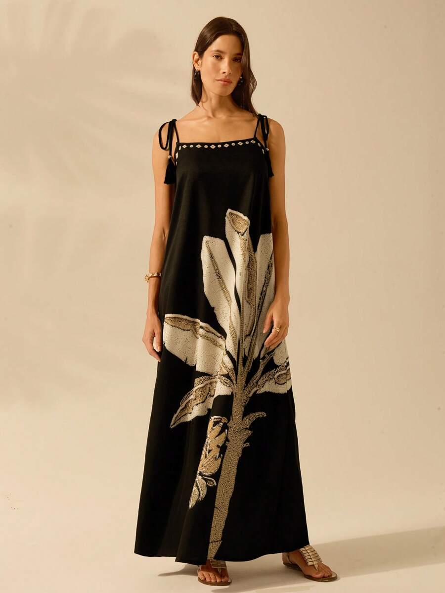 فستان كاجول نسائي بوهو – بدون أكمام بطبعة نخيل استوائي