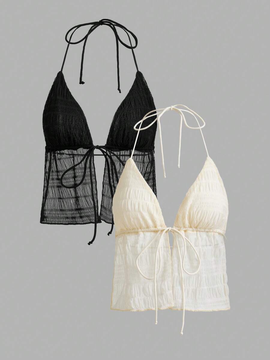 طقم  قطعتين صيفي Y2K – توب هالتر مفتوح الظهر شفاف بلون سادة