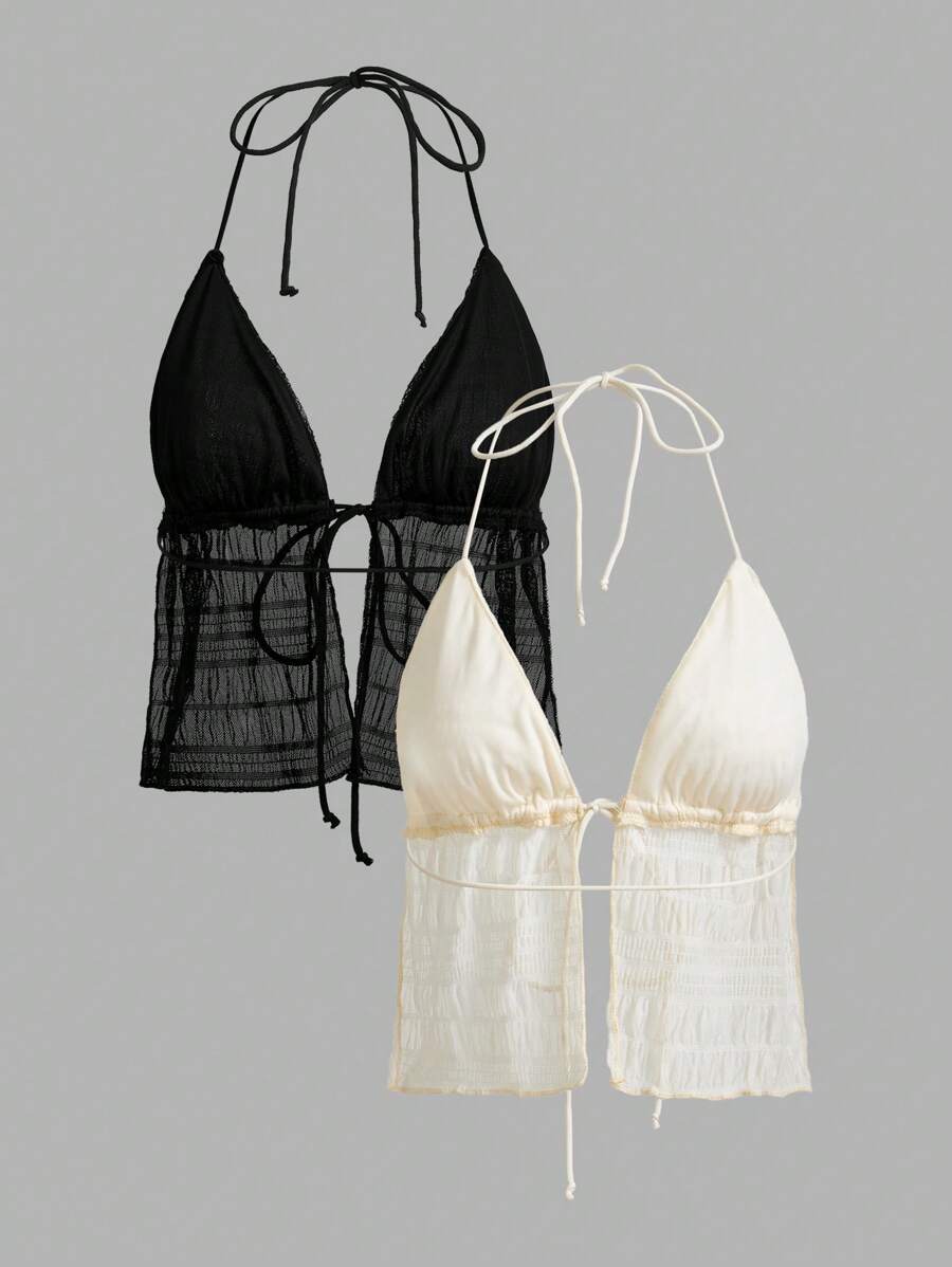 طقم  قطعتين صيفي Y2K – توب هالتر مفتوح الظهر شفاف بلون سادة