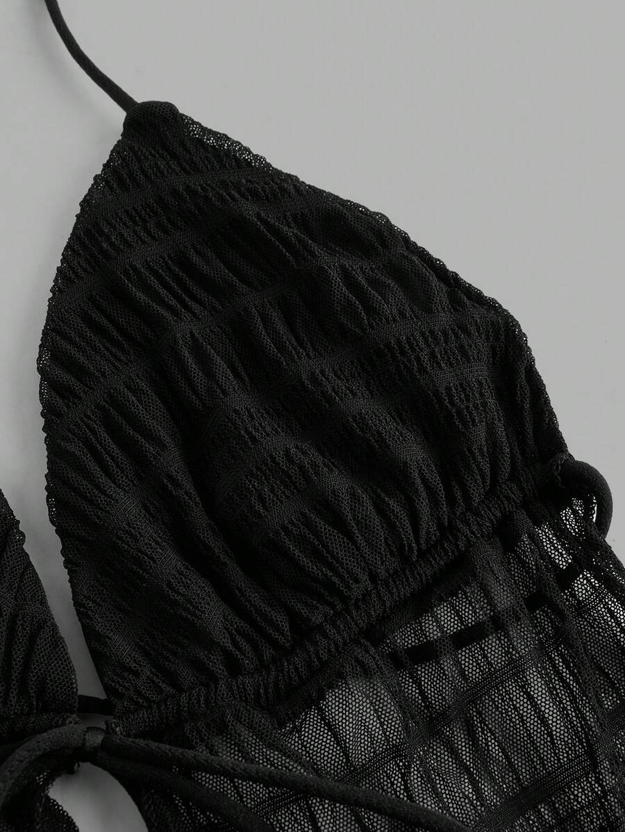 طقم  قطعتين صيفي Y2K – توب هالتر مفتوح الظهر شفاف بلون سادة