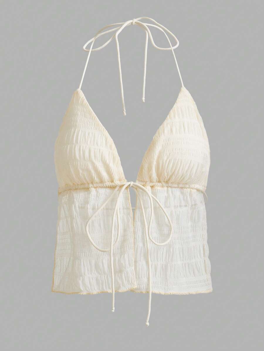 طقم  قطعتين صيفي Y2K – توب هالتر مفتوح الظهر شفاف بلون سادة