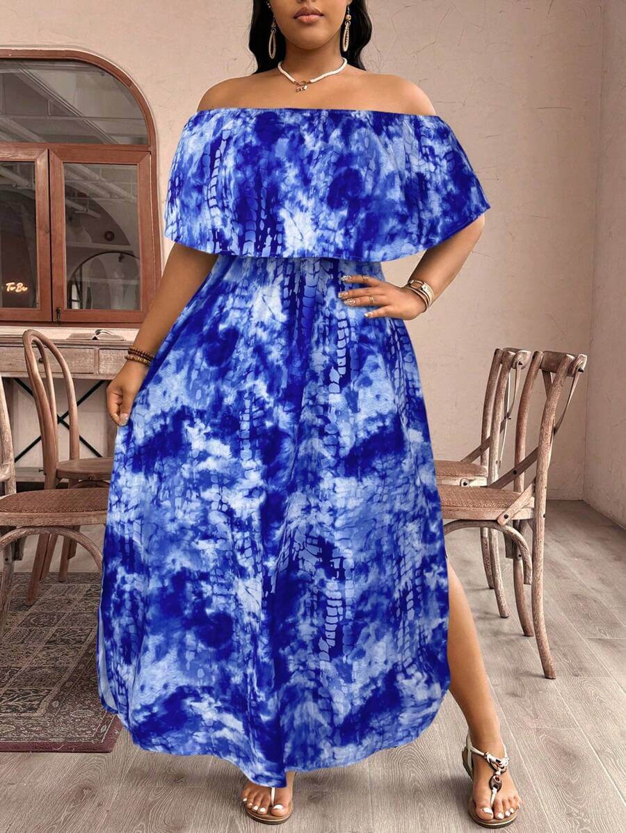 فستان نسائي من SHEIN VCAY بمقاسات كبيرة مطبوع عليه ربطة عنق وكتف مكشوف من الكشكشة