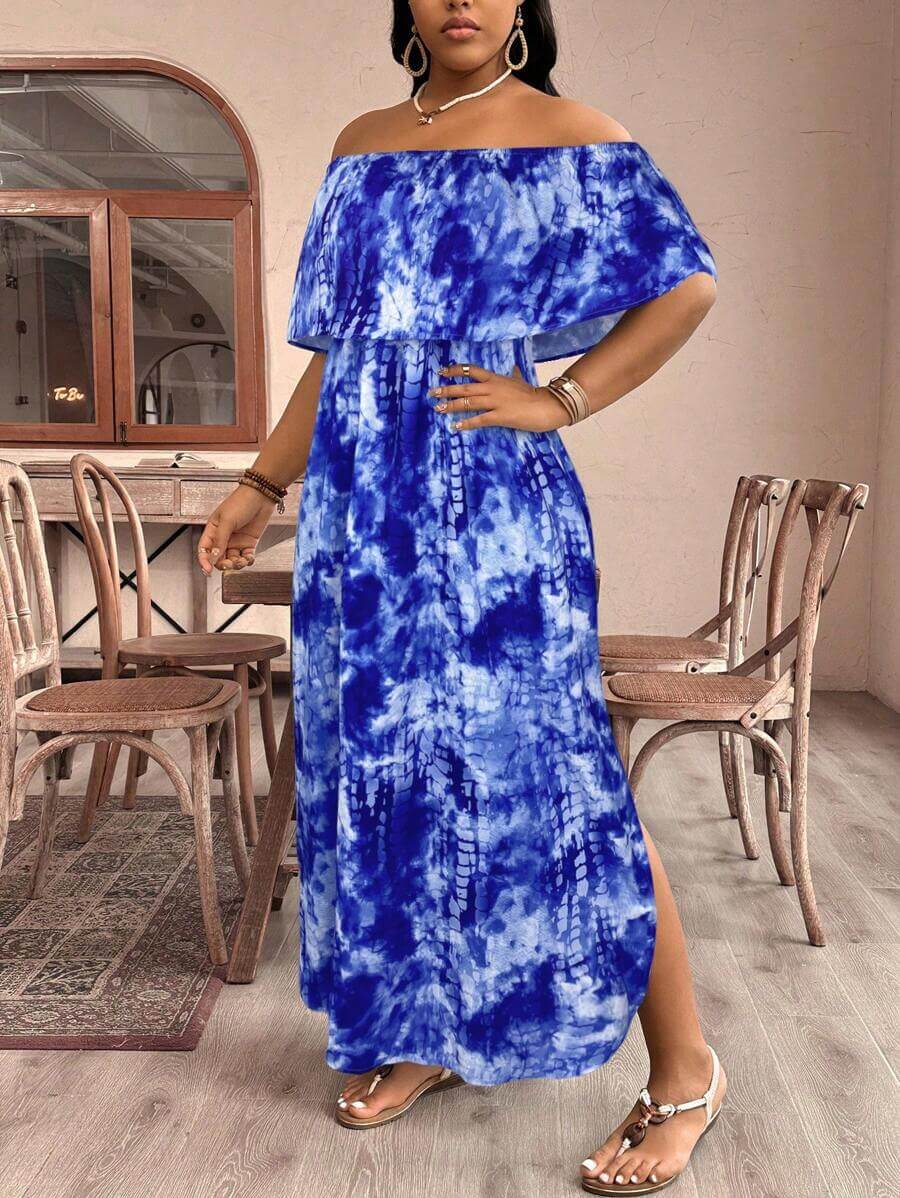 فستان نسائي من SHEIN VCAY بمقاسات كبيرة مطبوع عليه ربطة عنق وكتف مكشوف من الكشكشة