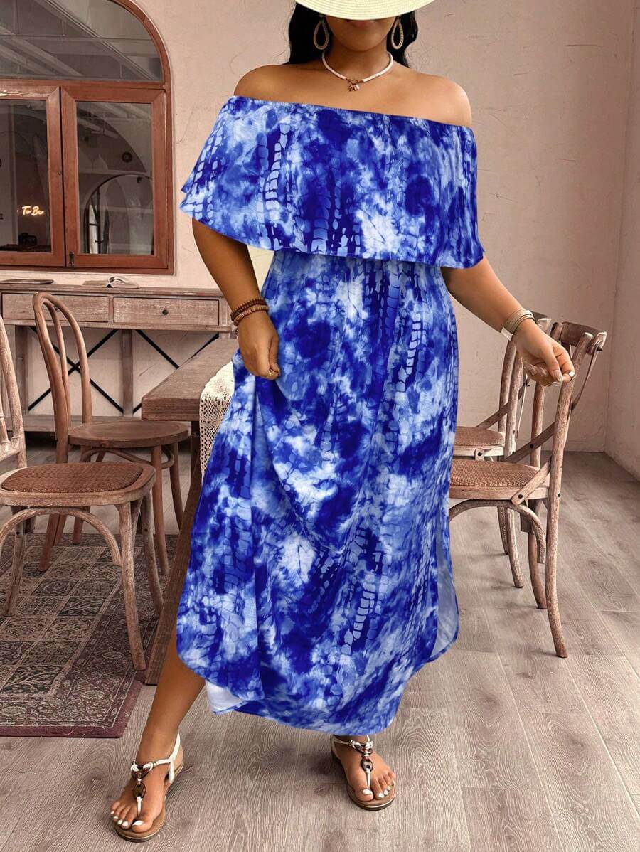 فستان نسائي من SHEIN VCAY بمقاسات كبيرة مطبوع عليه ربطة عنق وكتف مكشوف من الكشكشة