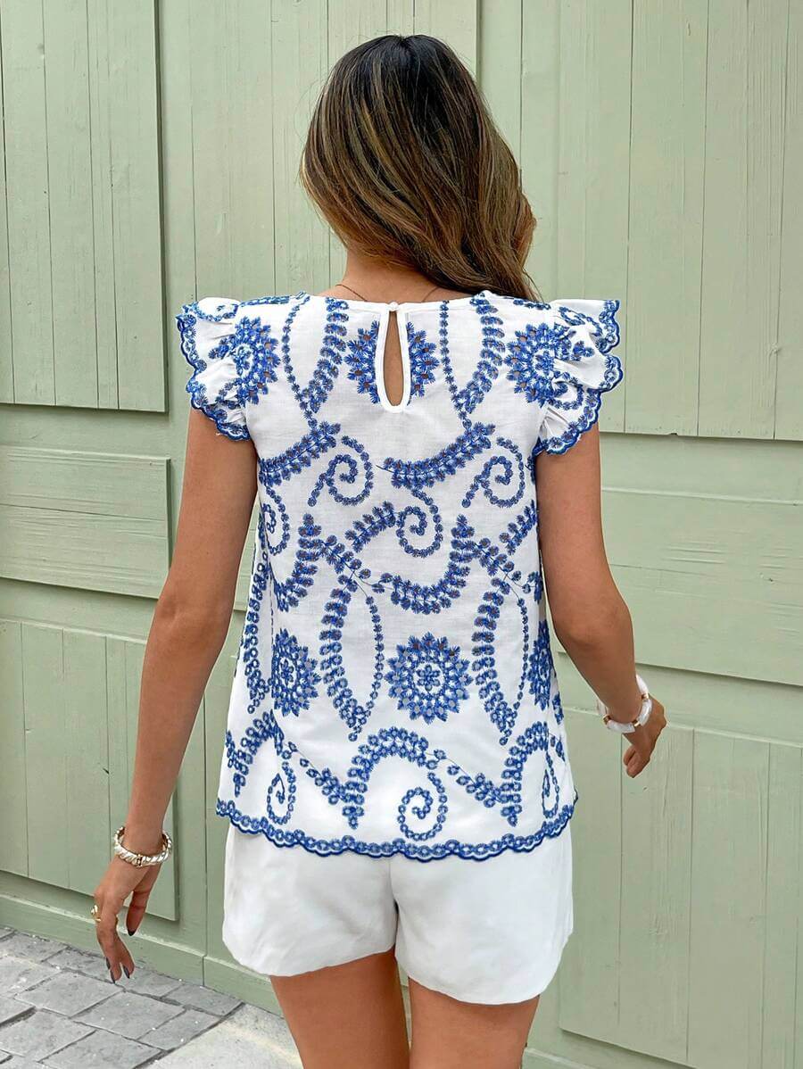 SHEIN Frenchy ، قميص نسائي للعطلات باللونين الأزرق والأبيض، قماش مطرز متداخل