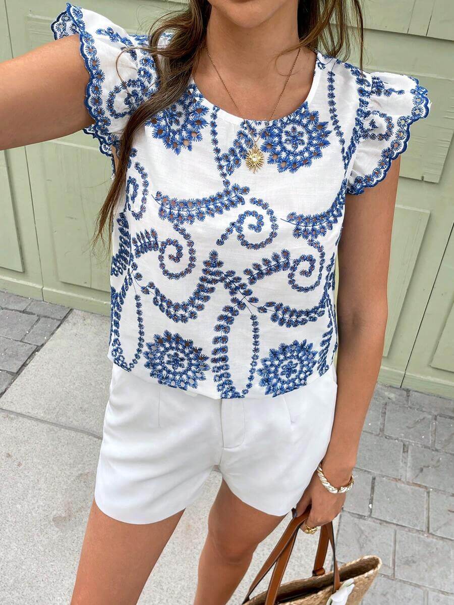 SHEIN Frenchy ، قميص نسائي للعطلات باللونين الأزرق والأبيض، قماش مطرز متداخل
