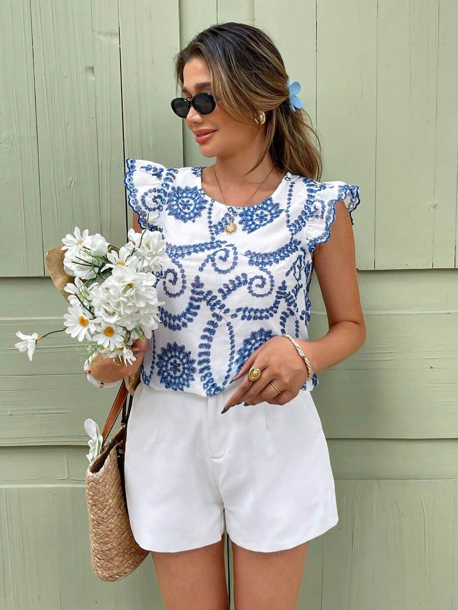 SHEIN Frenchy ، قميص نسائي للعطلات باللونين الأزرق والأبيض، قماش مطرز متداخل