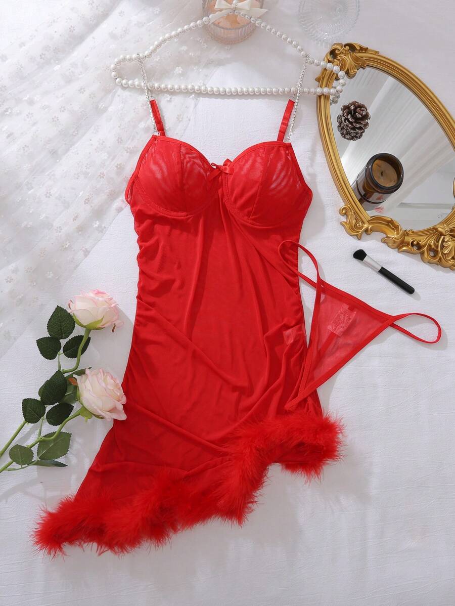 2pcs/Set Rhinestone Strap Mesh Ruffle Feather Asymmetrical Sexy Bodycon Dress Bridallingerie