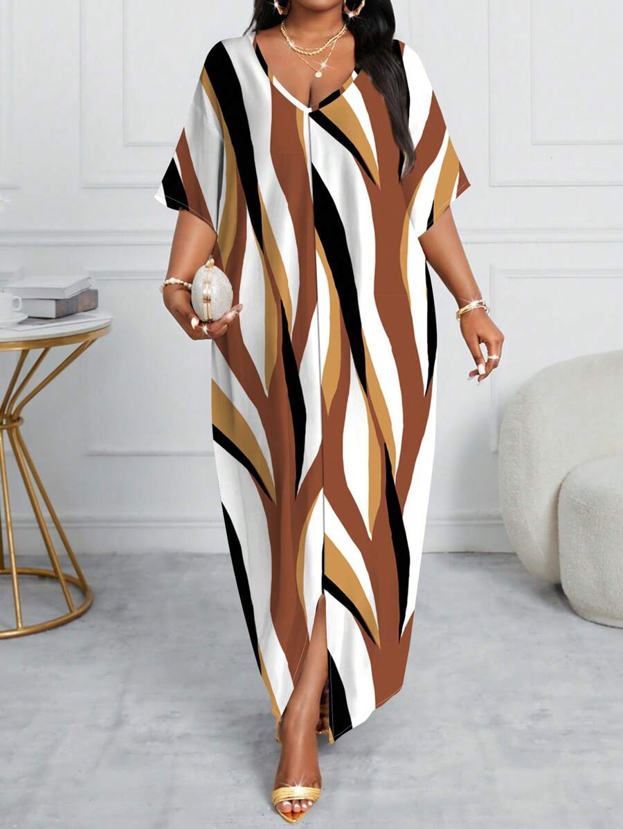 فستان نسائي من SHEIN Lady Plus Size بطبعة مخططة – فستان ماكسي صيفي أنيق ومريح للمقاسات الكبيرة