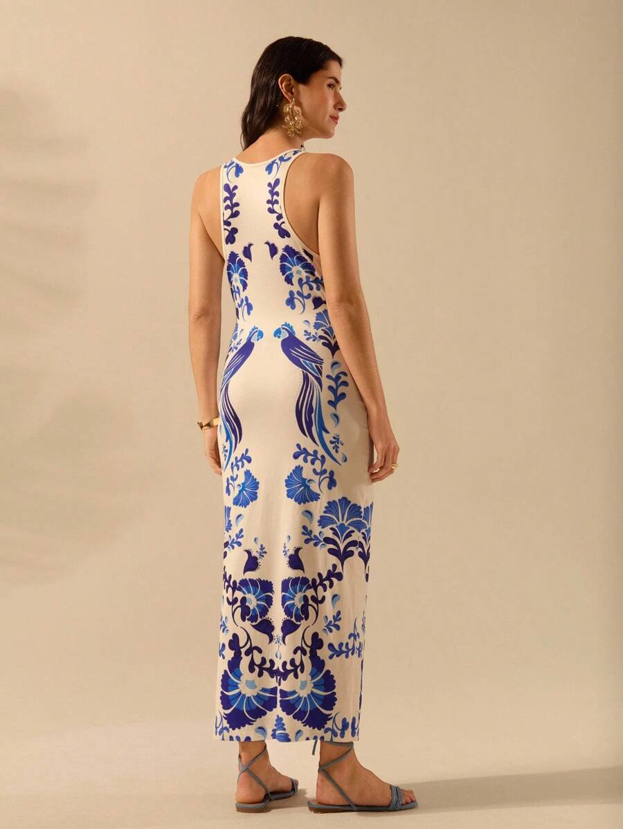 فستان كاجول بوهو بطبعة استوائية – بدون أكمام برقبة مستديرة لإطلالة صيفية منعشة