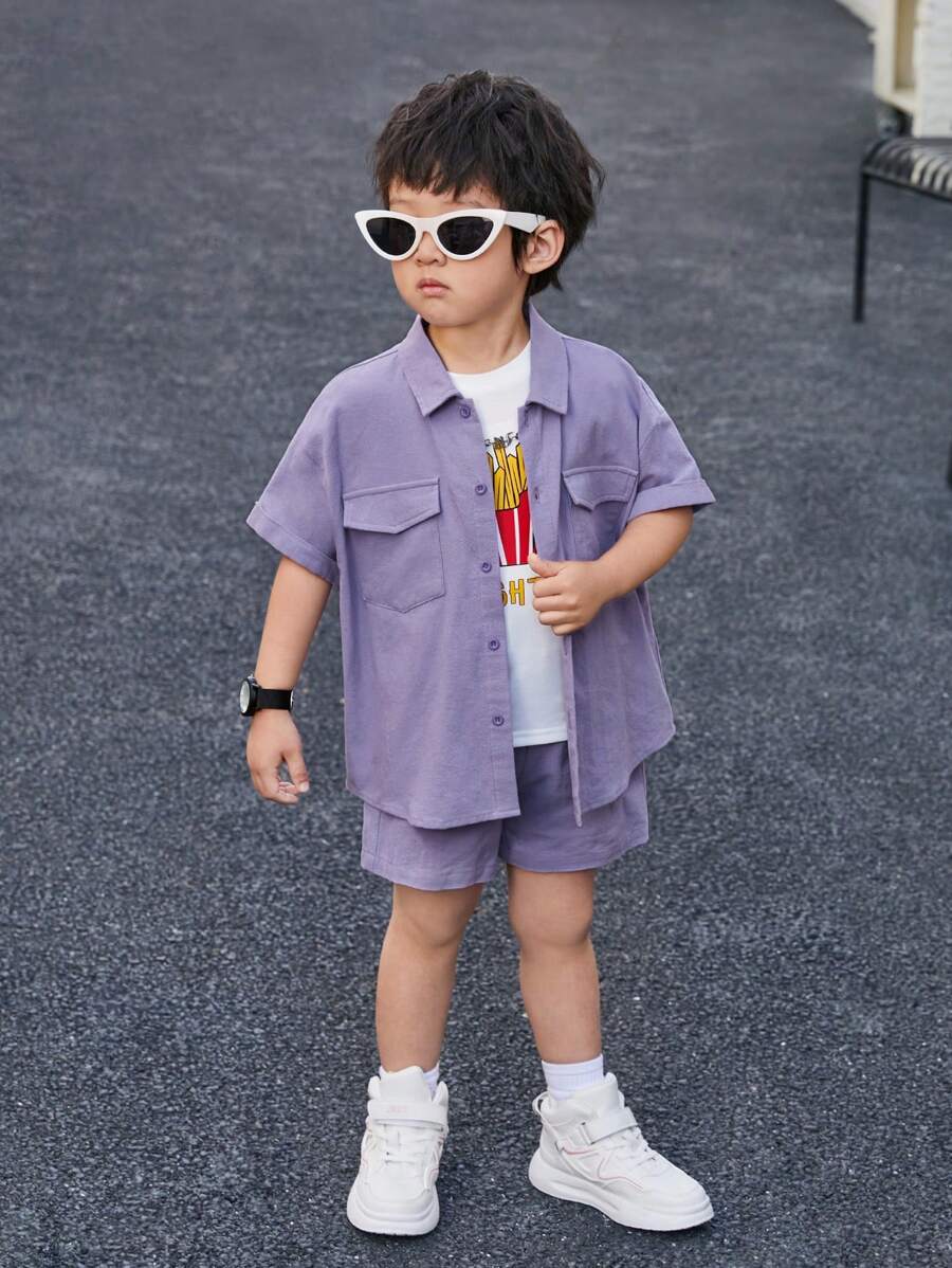 طقم أولاد (3 قطع)تى شيرت برسمه بطاطس وقميص ساده وشورت 5 سنوات