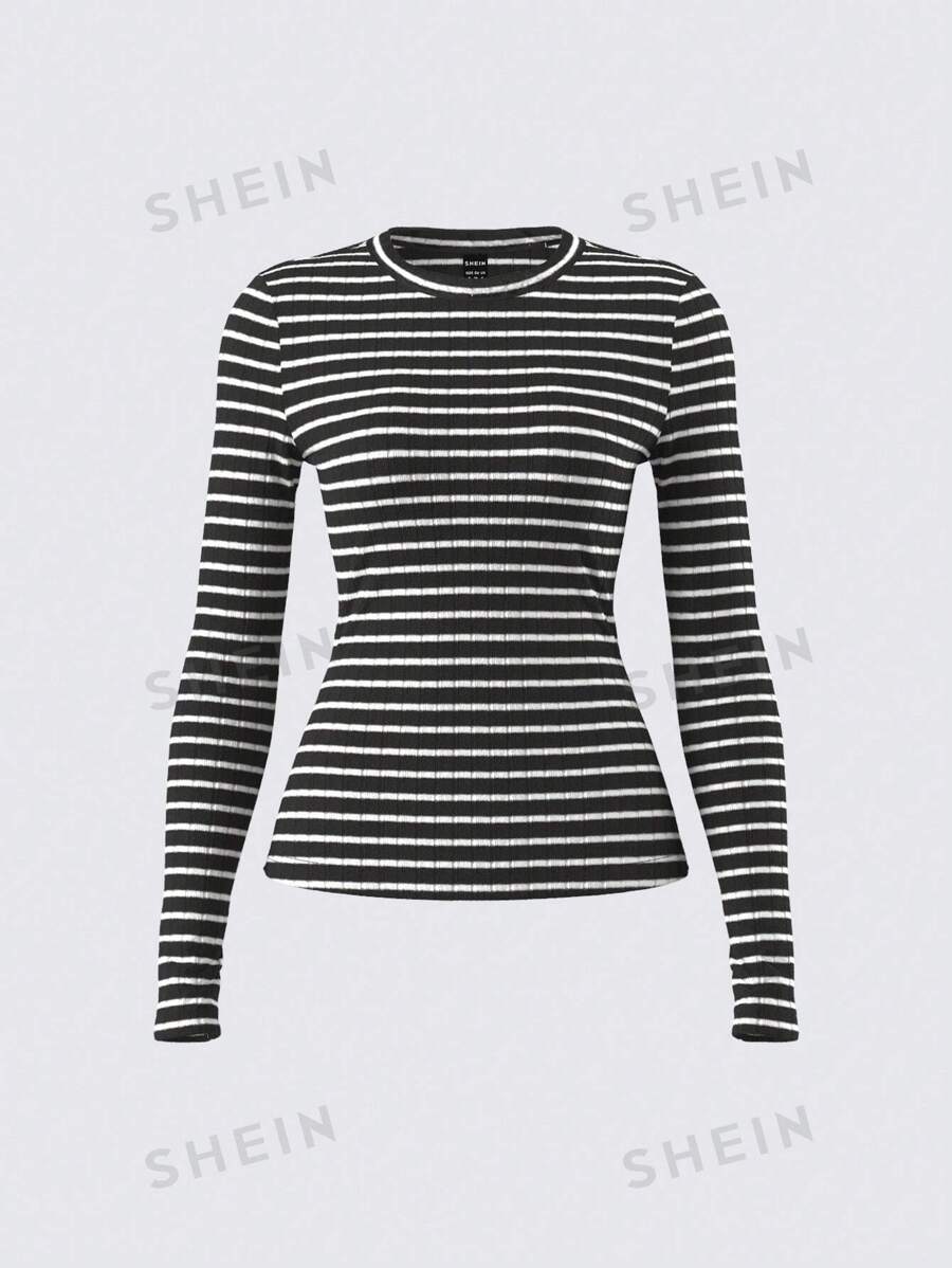 تي شيرت نسائي كاجوال مخطط برقبة دائرية وأكمام طويلة