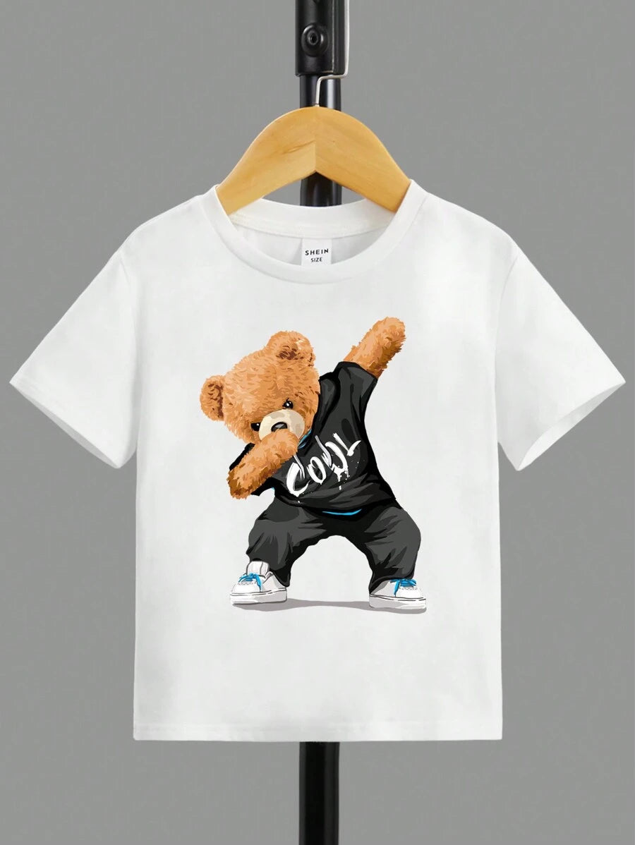 تي شيرت كاجوال بأكمام قصيرة ونمط الدب الكرتوني