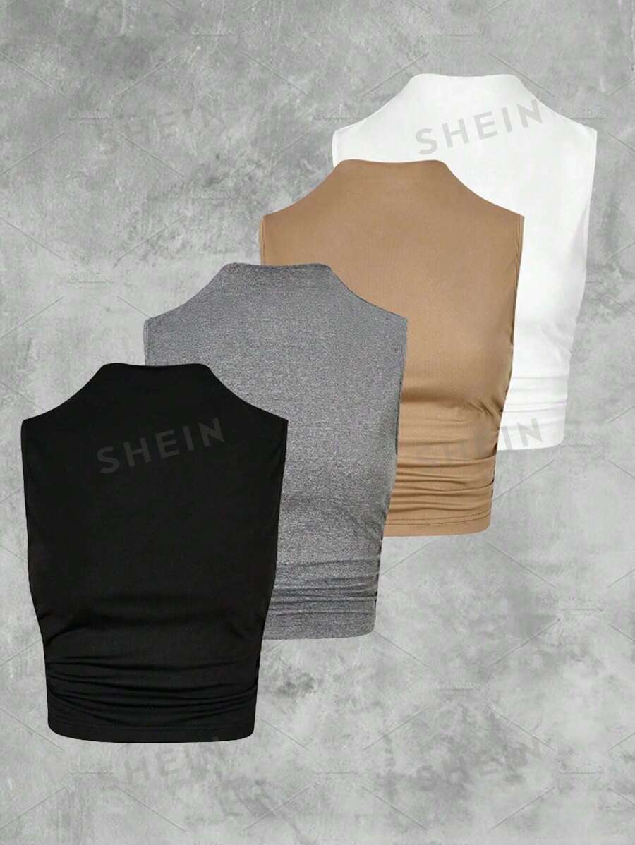 قميص للسيدات 4 قطع  ذو طيات بلون سادة منShein