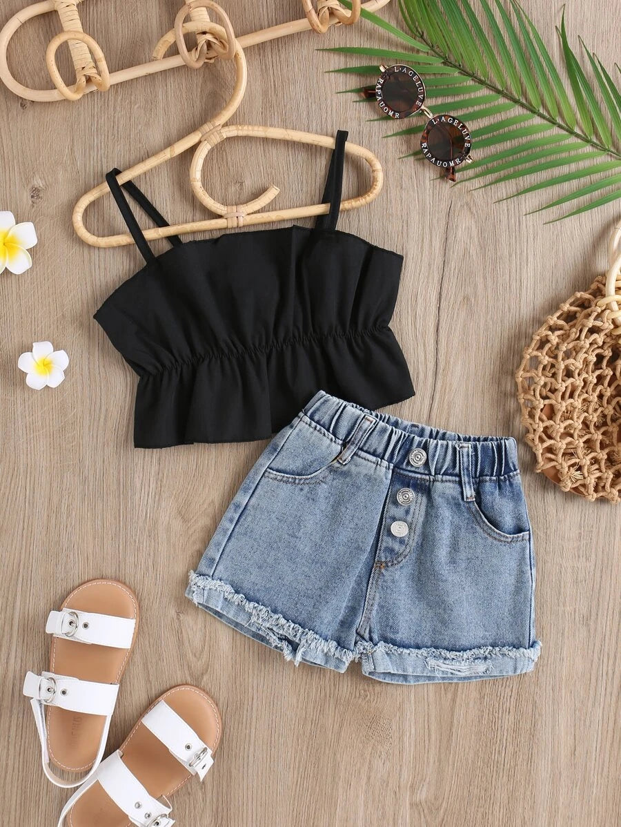 بلوزة كامي بقصة ببلوم للبنات وشورت جينز