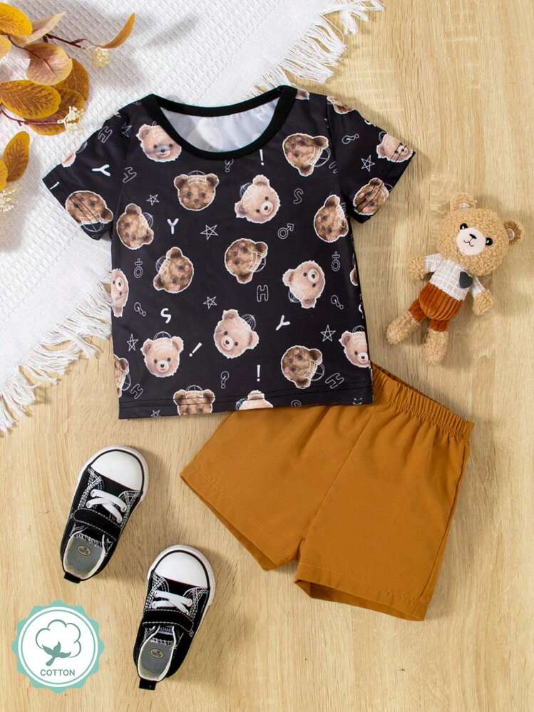 طقم ملابس للاطفال مكون من قطعتين من تي شيرت وشورت مطبوع محبوك