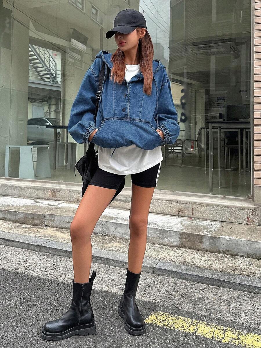 هودي جينز بنصف صف أزرار وحافة رباط من ديزي - شي إن