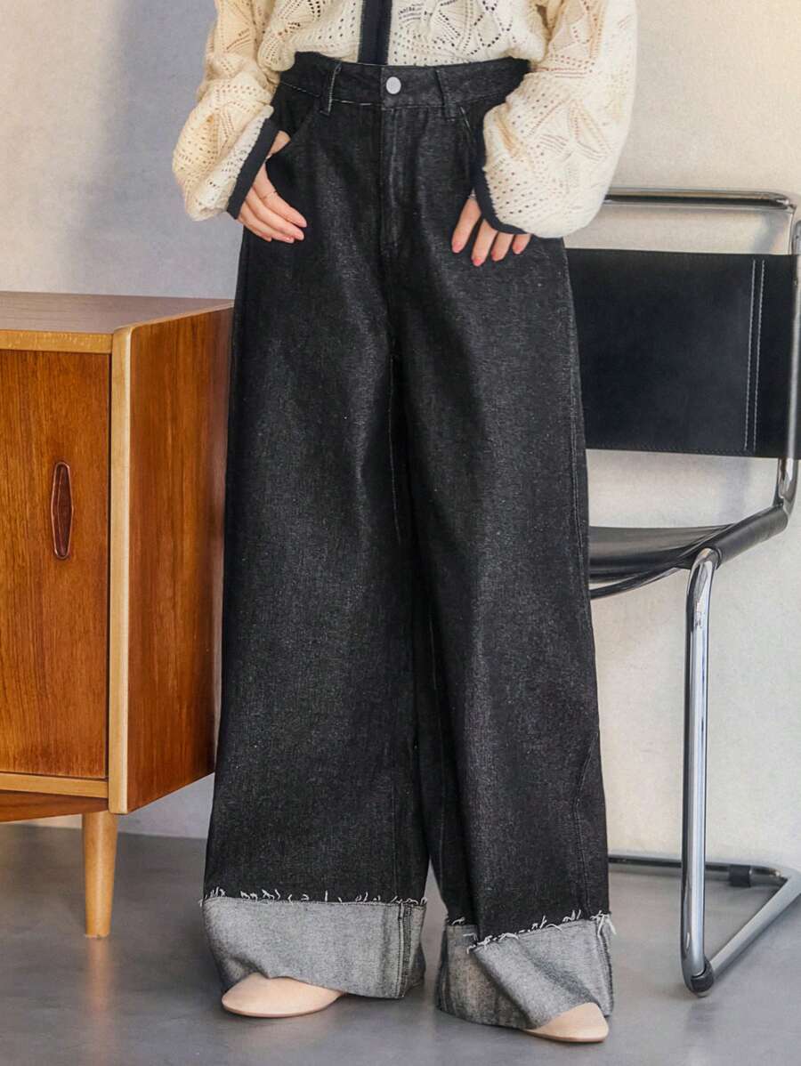 بنطلون جينز نسائي فضفاض بحافة مطوية من فريفول - شي إن