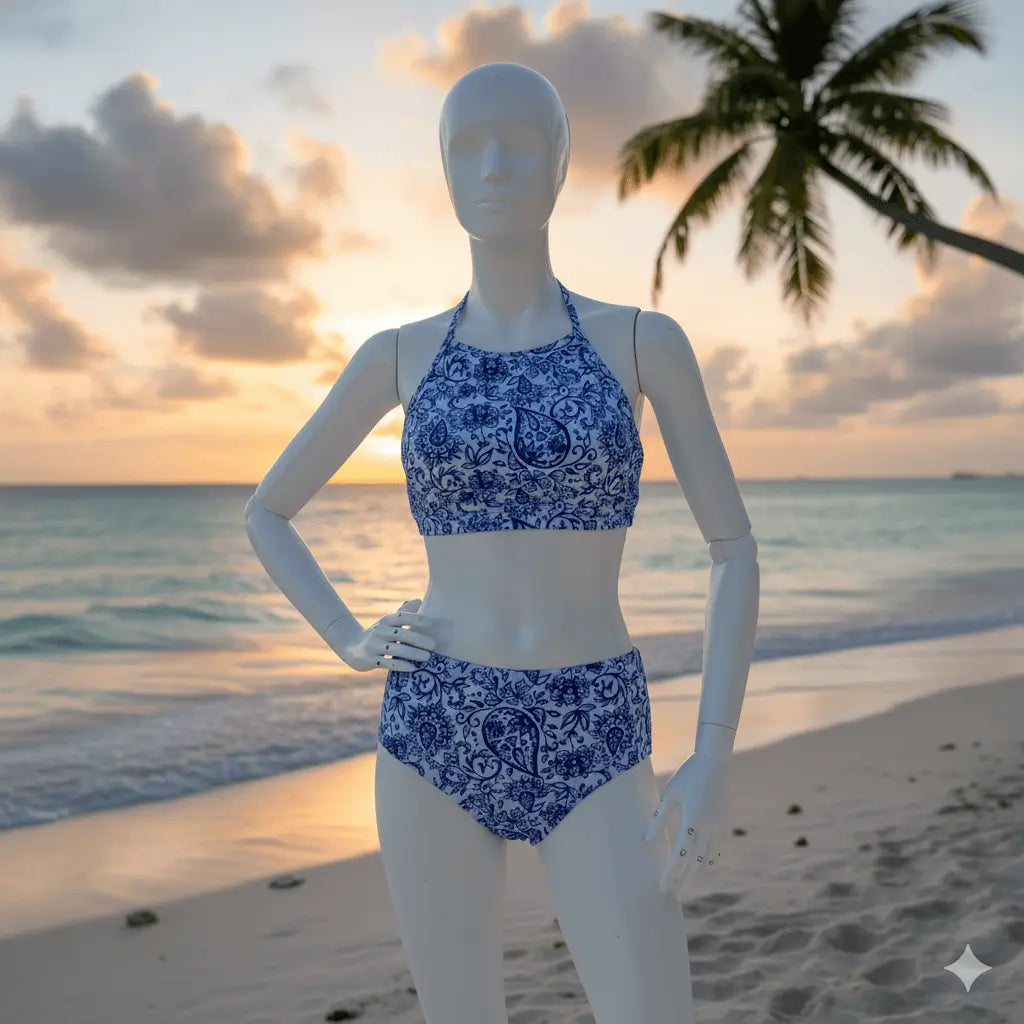 بكيني نسائي بخصر عالي مطبوع باللونين الأبيض والأزرق من Shein