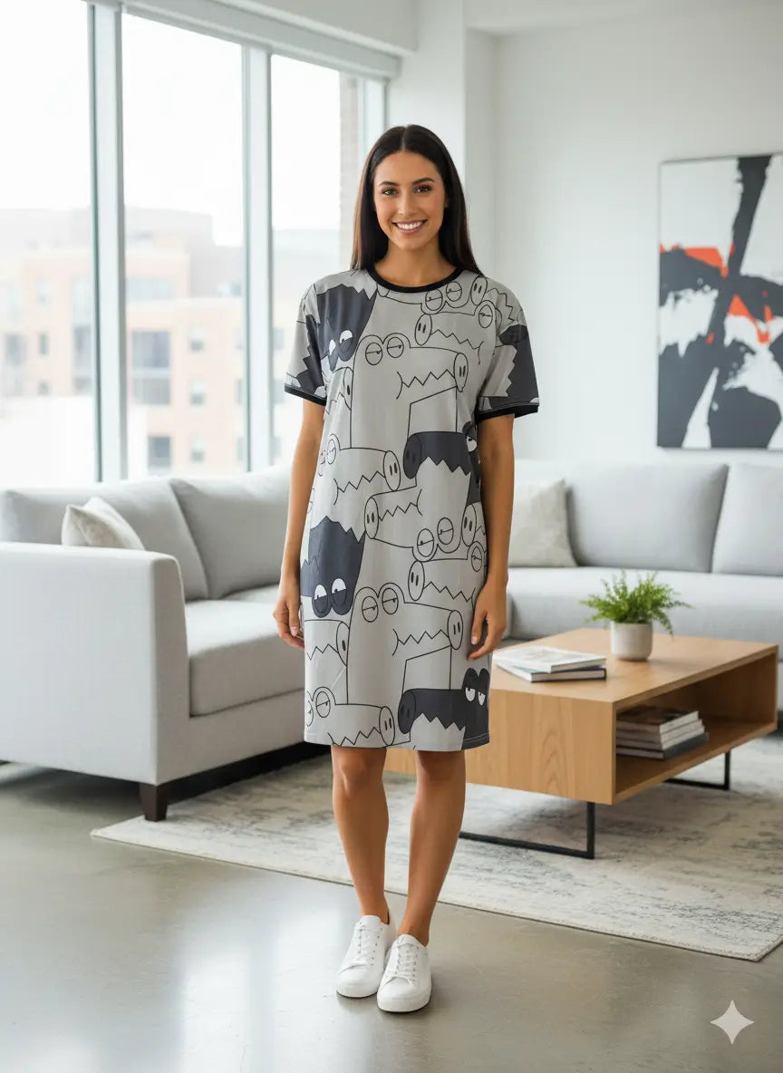 فستان للمنزل كاجوال مطبوع بنمط كرتوني رمادي من Shein