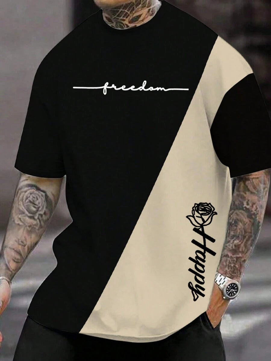 تي شيرت رجالي بطباعة وألوان متباينة منخفض الأكتاف من مانفينيتي هوم – شي إن