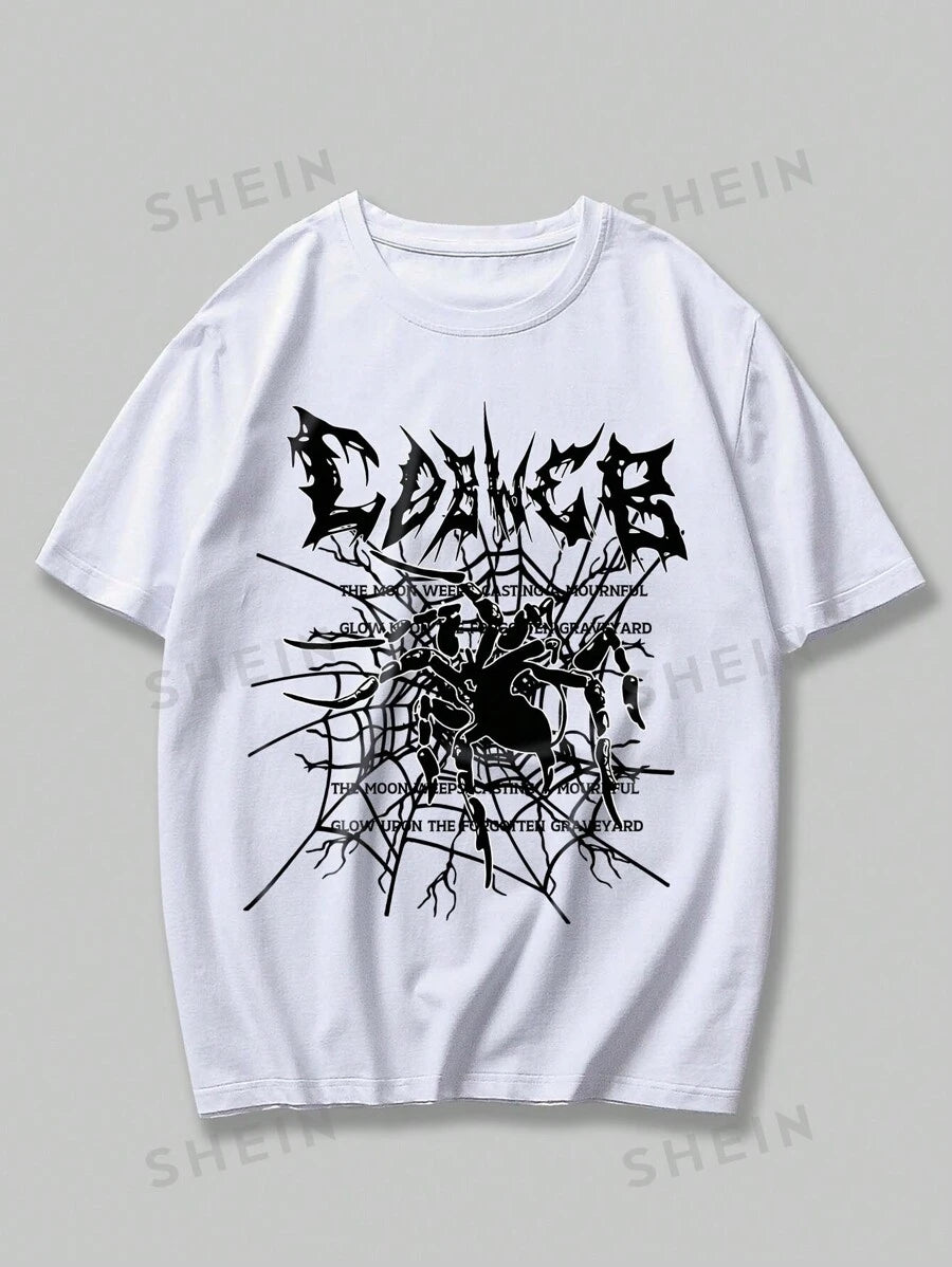 تي شيرت رجالي بطباعة حروف العنكبوت من روموي جرنج بانك - شي إن