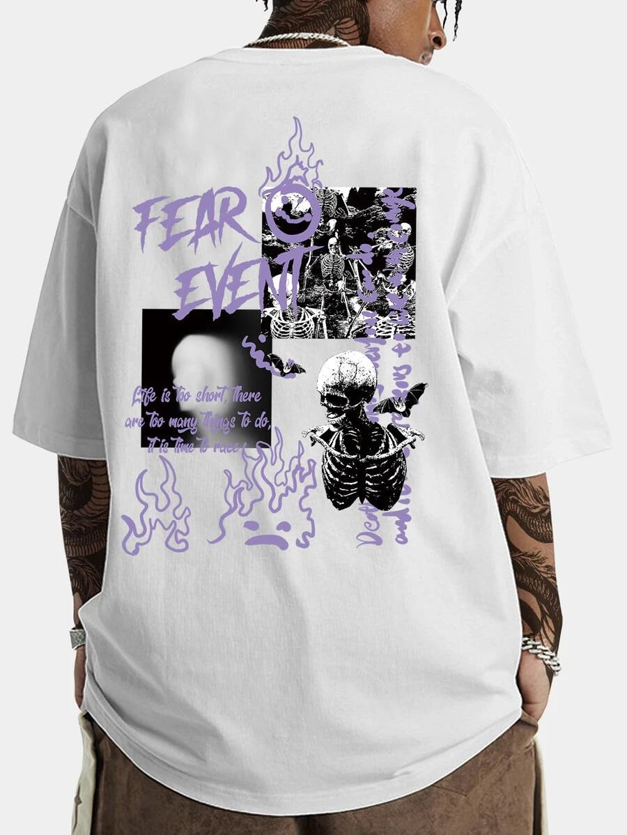 تي شيرت رجالي بطباعة هيكل عظمي وحروف من روموي ستريت لايف - شي إن