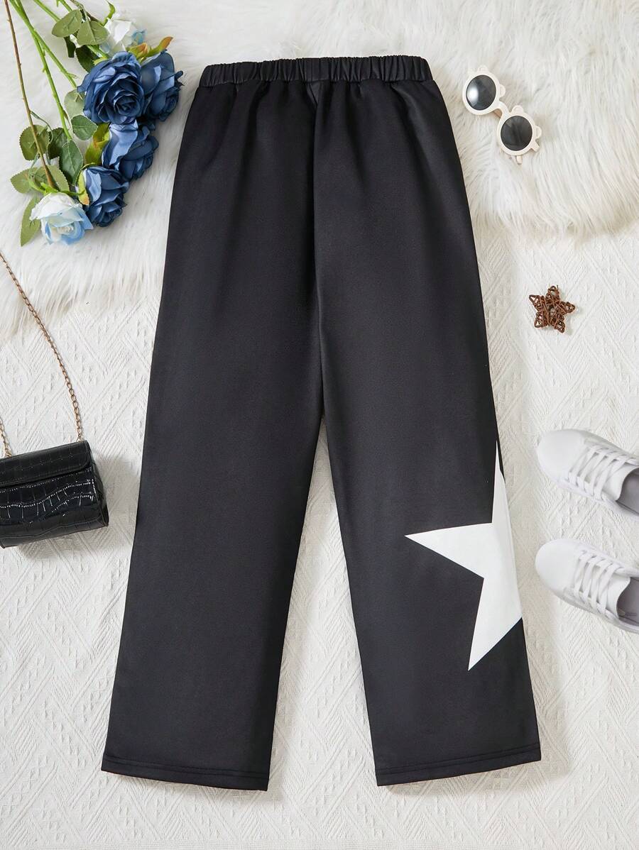 بنطلون بناتي رياضي فضفاض أسود بطبعة نجمة بيضاء (مقاس كبير) من شي إن