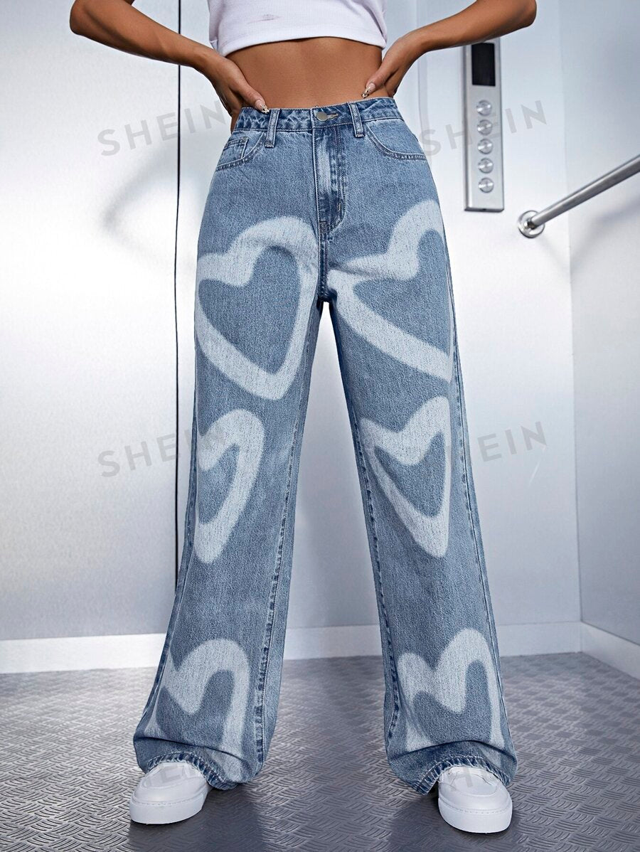 بنطلون جينز وايد ليج بطبعة قلب وخصر مرتفع من ايزي وير - شي إن