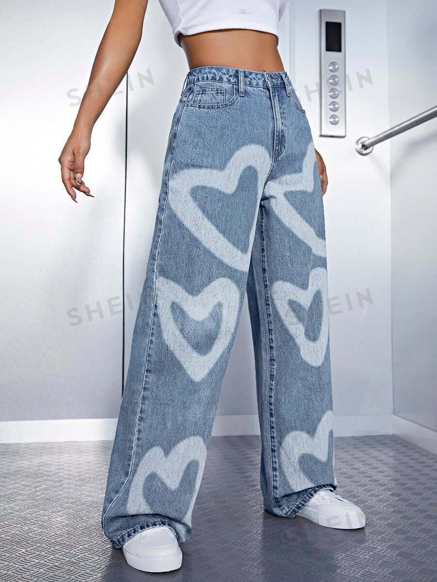 بنطلون جينز وايد ليج بطبعة قلب وخصر مرتفع من ايزي وير - شي إن