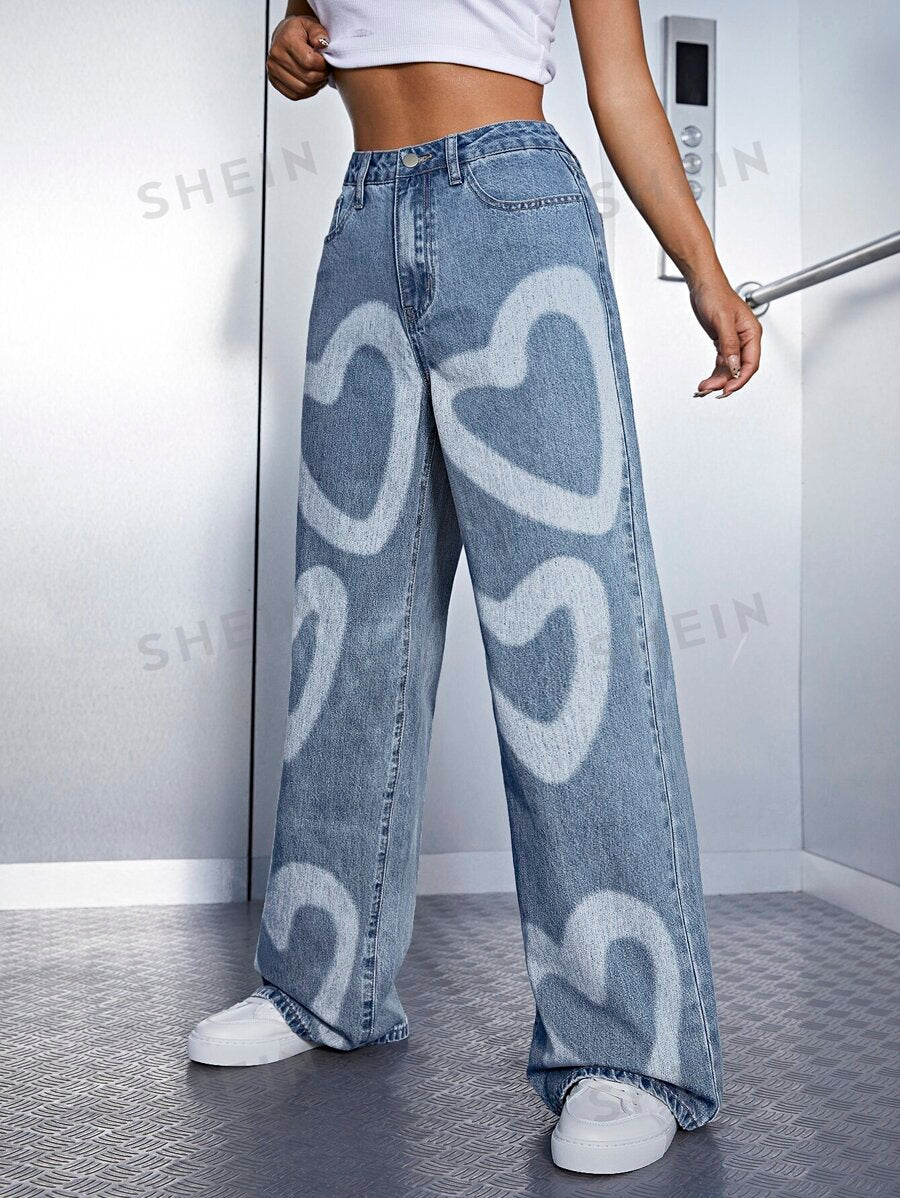 بنطلون جينز وايد ليج بطبعة قلب وخصر مرتفع من ايزي وير - شي إن