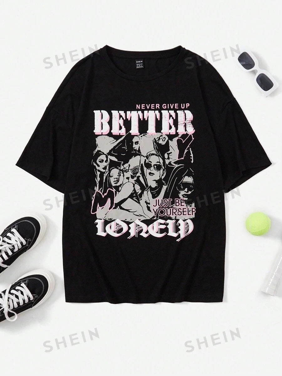 تي شيرت برسومات وأحرف وأكتاف منسدلة من إيزي وير – شي إن