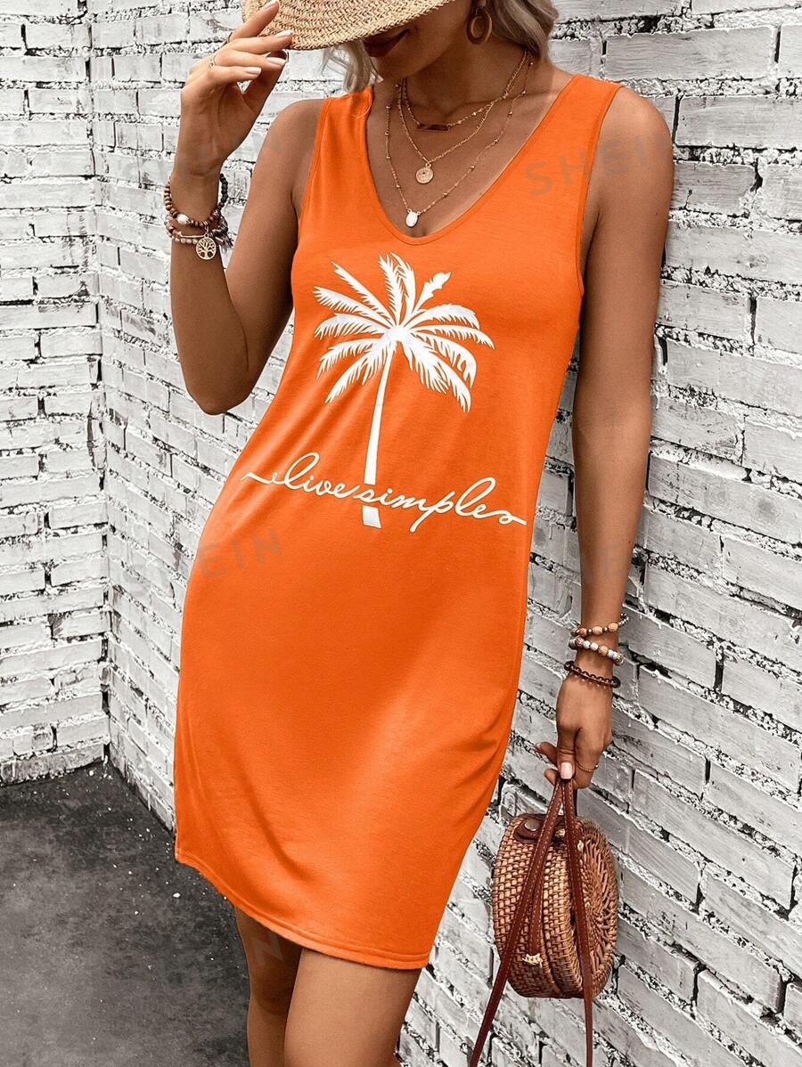 فستان صيفي قصير بدون اكمام بطبعة شجرة جوز الهند وحروف من فرينشي - شي إن