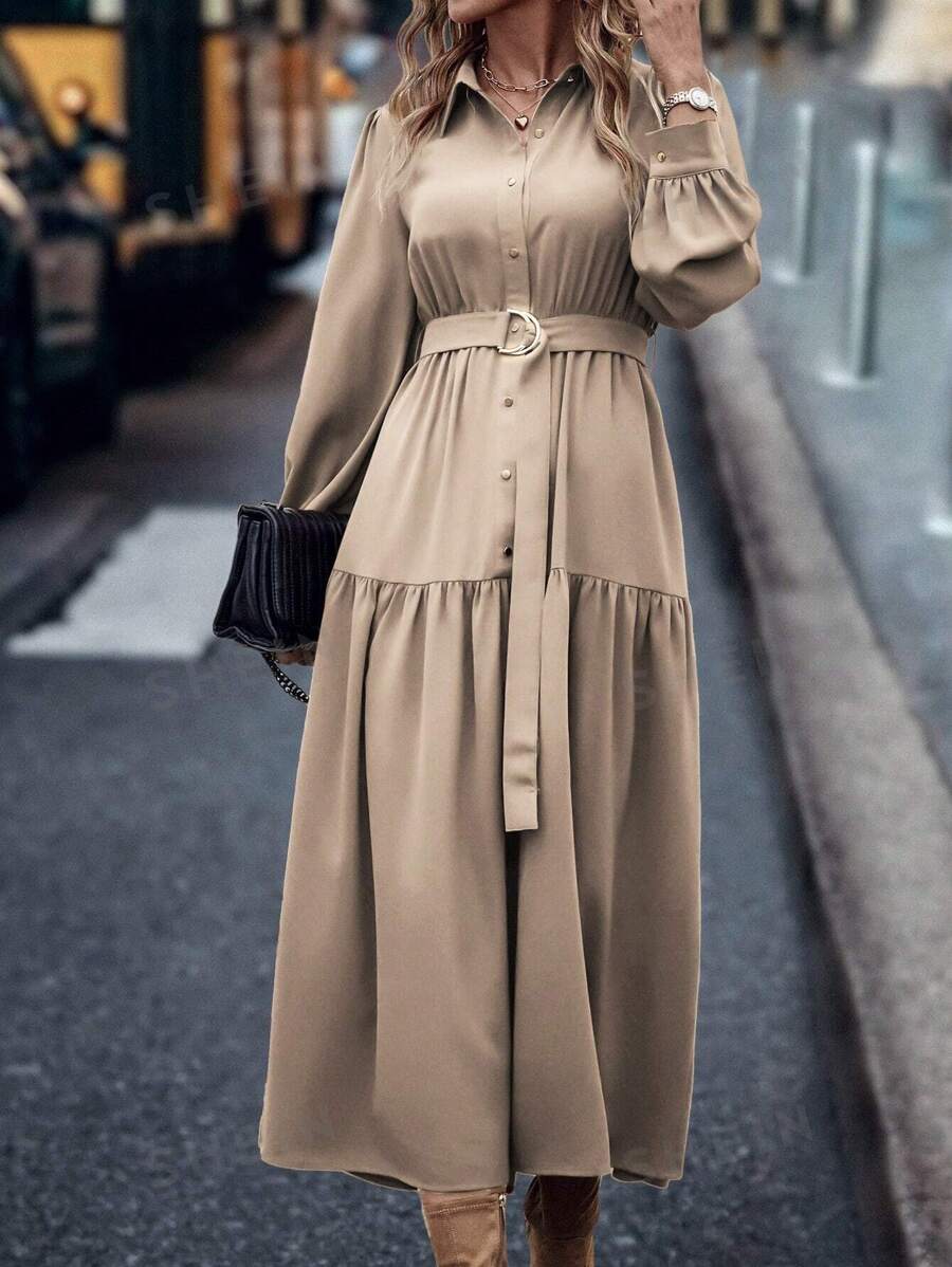 فستان بتصميم قميص بحزام وأكمام فانوس وحافة مكشكشة من مجموعة لون - شي إن