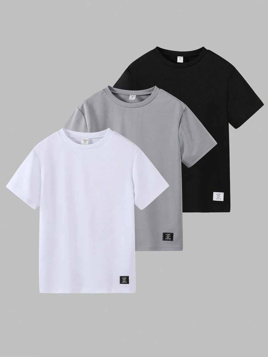 طقم تي شيرت ولادي (3 قطع) من ستريكول كيدز - شي إن، برقبة دائرية وأكمام قصيرة