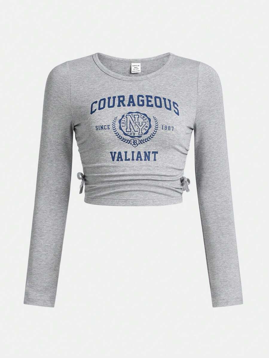 تي شيرت بناتي برسومات حروف وربطة جانبية مكشكشة من شي إن - سن 12 إلى 13 سنة