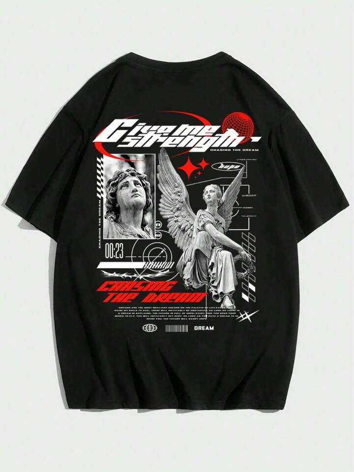 تيشيرت رجالي قطن بطبعة شعار ورسومات منحوتة