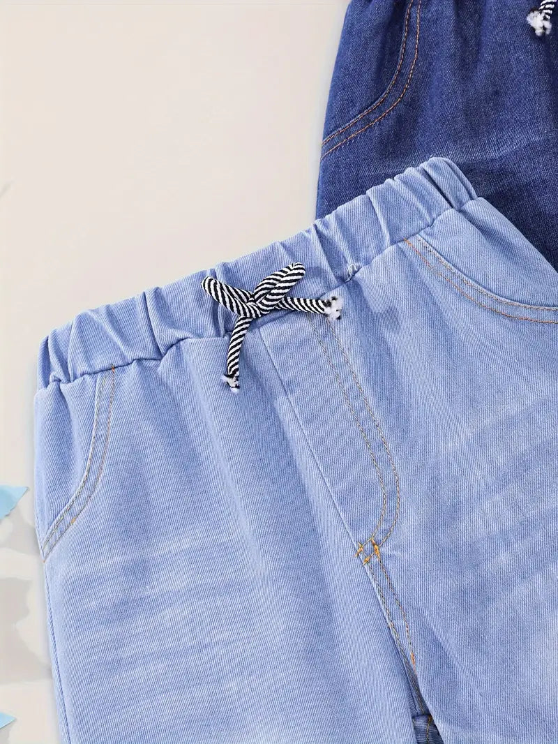 3قطع من بنطلونات جينز كاجوال كلاسيكية للأولاد - بنطلون أزرق فاتح بساق مستقيمة مع رباط خصر قابل للتعديل وأساور مرنة