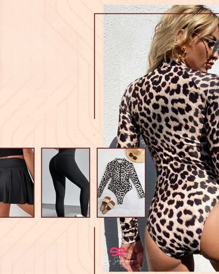 مايوه بوركيني نسائي (3 قطع): بدلة سباحة بنقشة جلد الفهد مع بنطلون طويل وجيبة